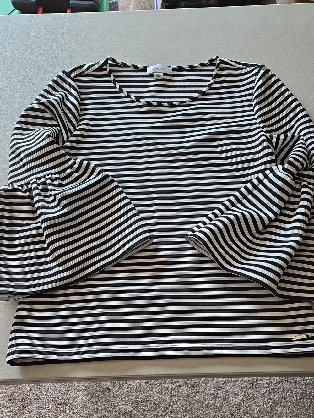 Calvin Klein Black & White Striped Bell-Sleeve Top
